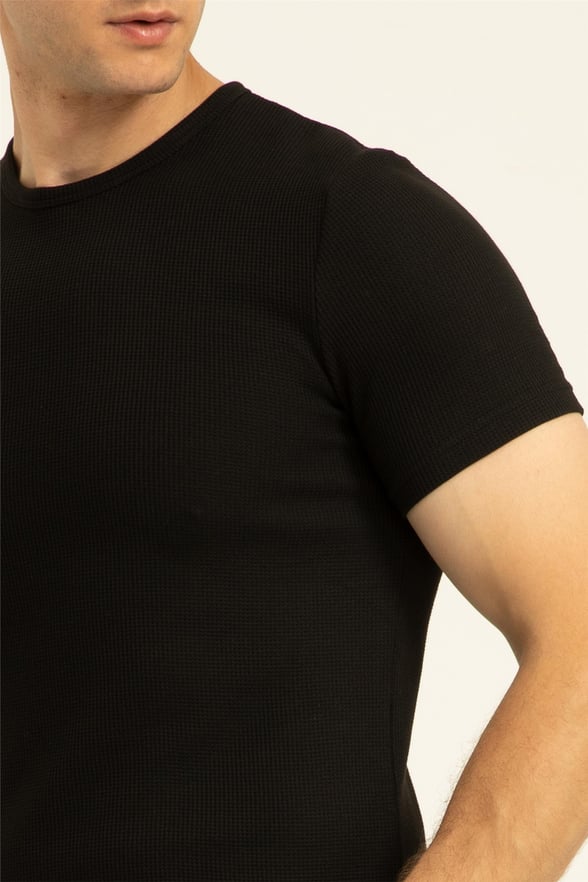 Siyah Slim Armürlü O Yaka  Tişört
