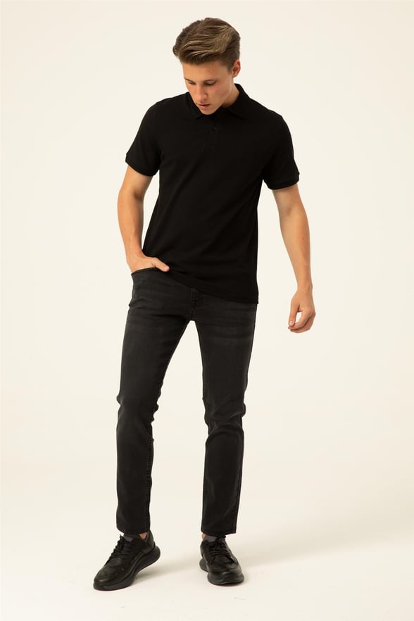 Siyah Slim Armürlü Polo Yaka  Tişört