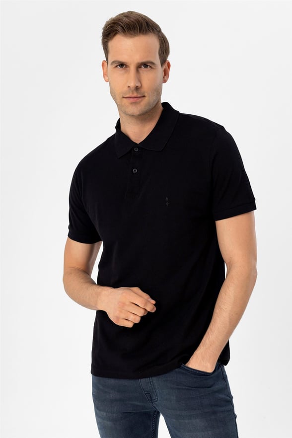 Siyah Slim Armürlü Polo Yaka  Tişört
