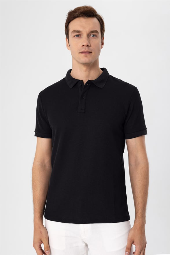 Siyah Slim Armürlü Polo Yaka  Tişört