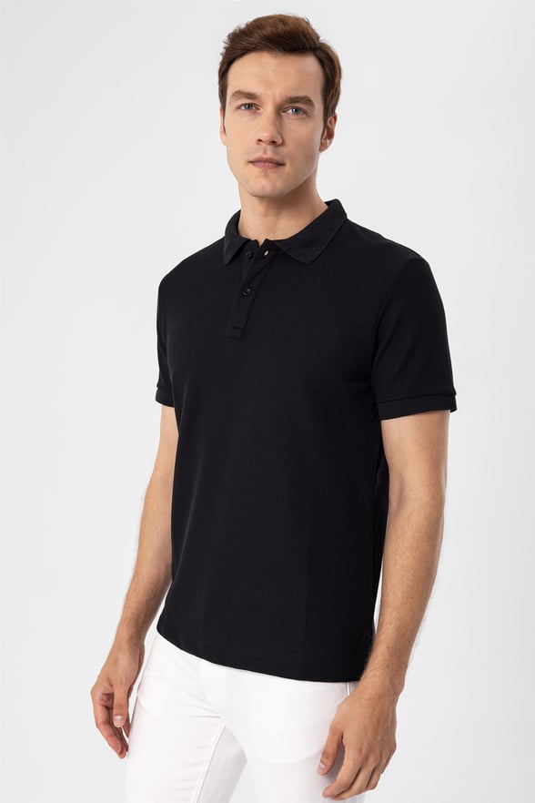 Siyah Slim Armürlü Polo Yaka  Tişört