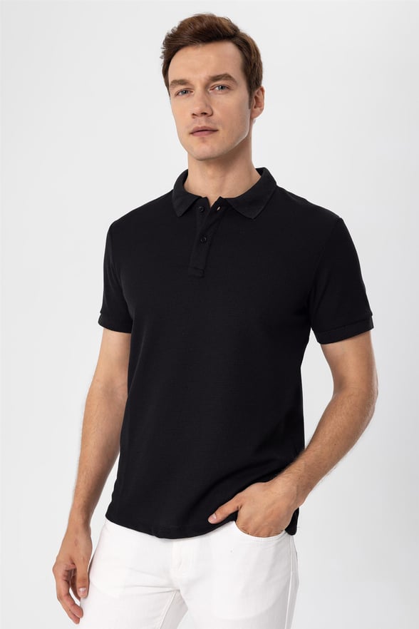 Siyah Slim Armürlü Polo Yaka  Tişört