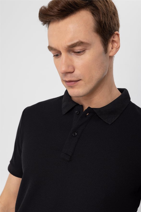Siyah Slim Armürlü Polo Yaka  Tişört