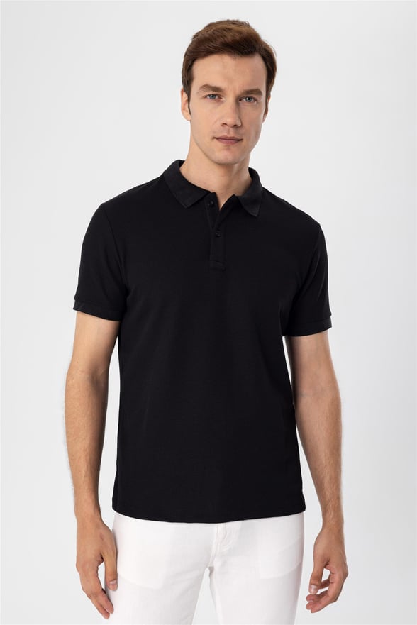 Siyah Slim Armürlü Polo Yaka  Tişört