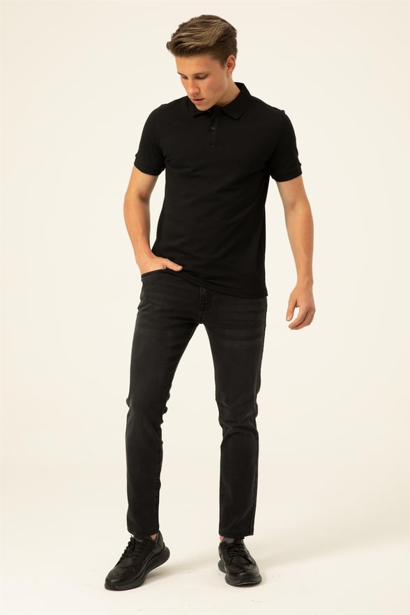 Siyah Slim Armürlü Polo Yaka  Tişört