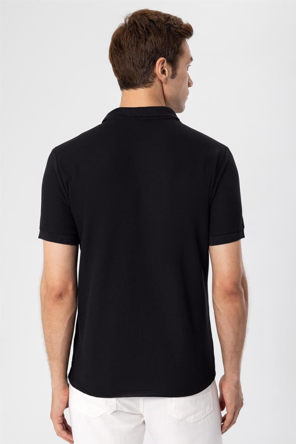 Siyah Slim Armürlü Polo Yaka  Tişört