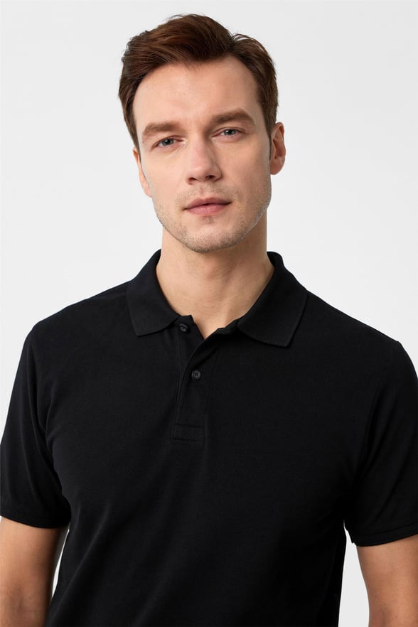 Siyah Slim Armürlü Polo Yaka Tişört