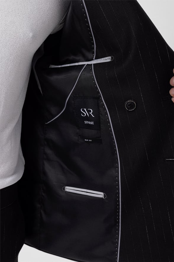 Siyah Slim Armürlü Sivri Yaka 6 Drop                                                       Takım Elbise