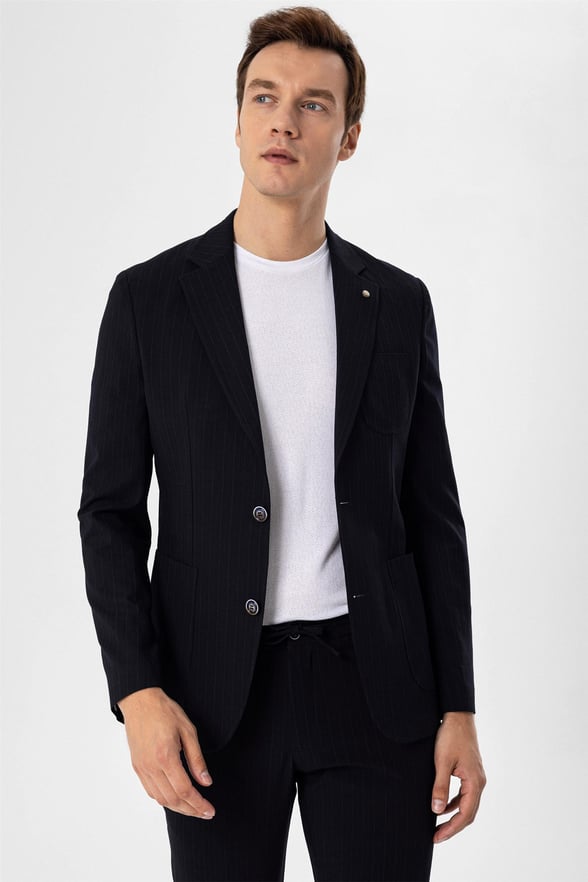 Siyah Slim Armürlü Sivri Yaka 6 Drop                                                       Takım Elbise