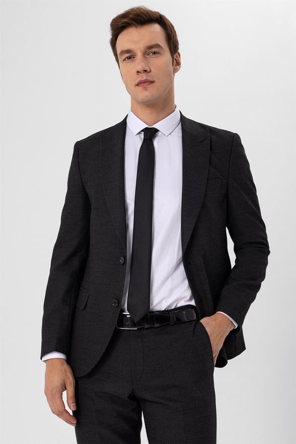 Siyah Slim Armürlü Sivri Yaka 6 Drop                                                       Takım Elbise