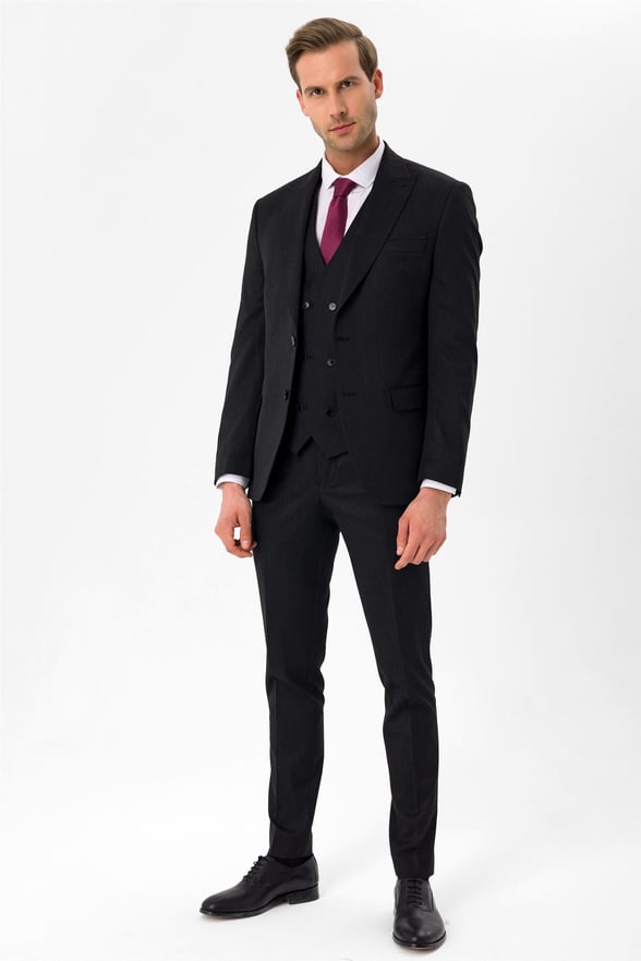 Siyah Slim Armürlü Sivri Yaka 6 Drop                                                       Yelekli Takım Elbise