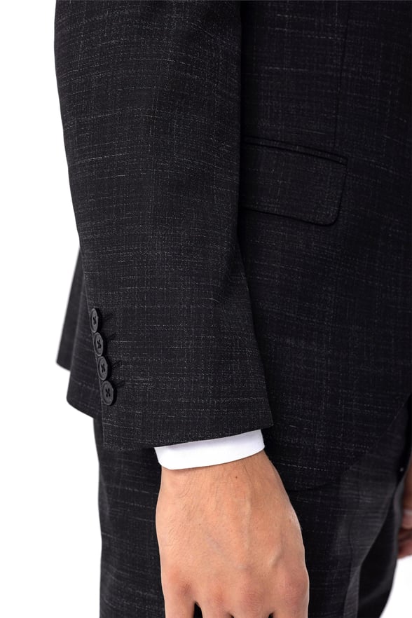 Siyah Slim Armürlü Sivri Yaka 6 Drop                                                       Yelekli Takım Elbise