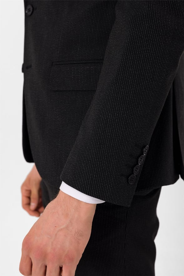 Siyah Slim Armürlü Sivri Yaka 6 Drop                                                       Yelekli Takım Elbise