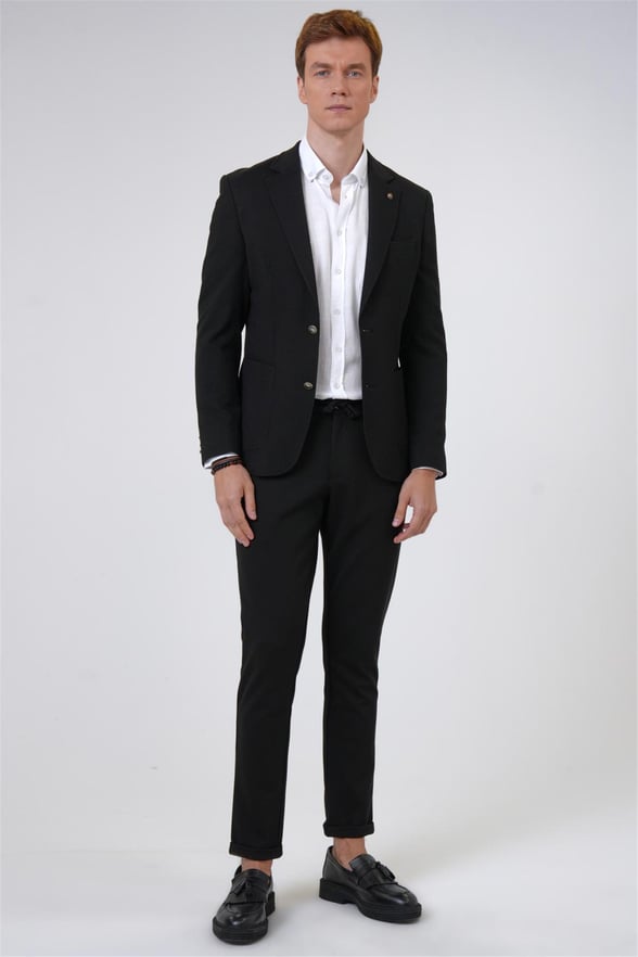 Siyah Slim Desenli Mono Yaka 6 Drop Ceket