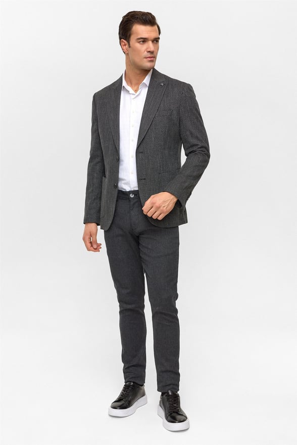 Siyah Slim Desenli Mono Yaka 6 Drop Ceket