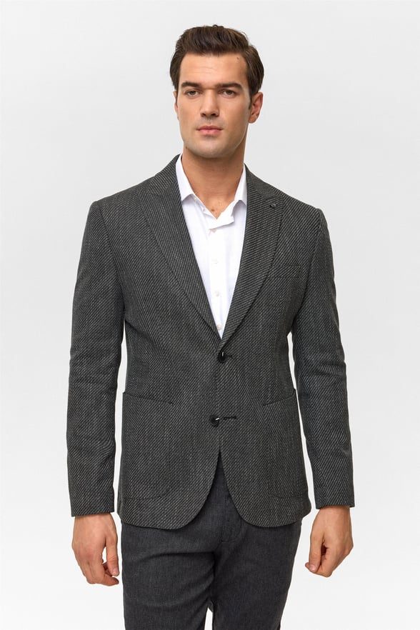 Siyah Slim Desenli Mono Yaka 6 Drop Ceket