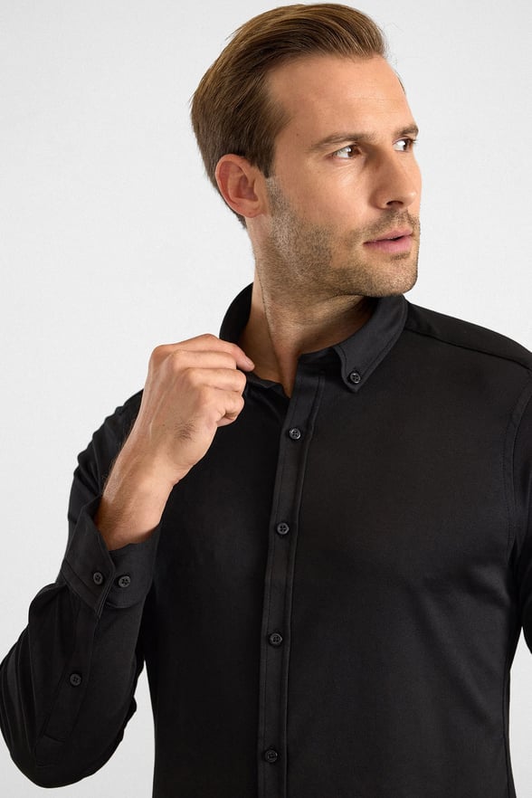 Siyah Slim Düğmeli Yaka Manşetli Casual Gömlek