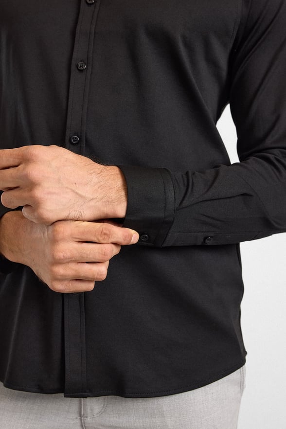 Siyah Slim Düğmeli Yaka Manşetli Casual Gömlek