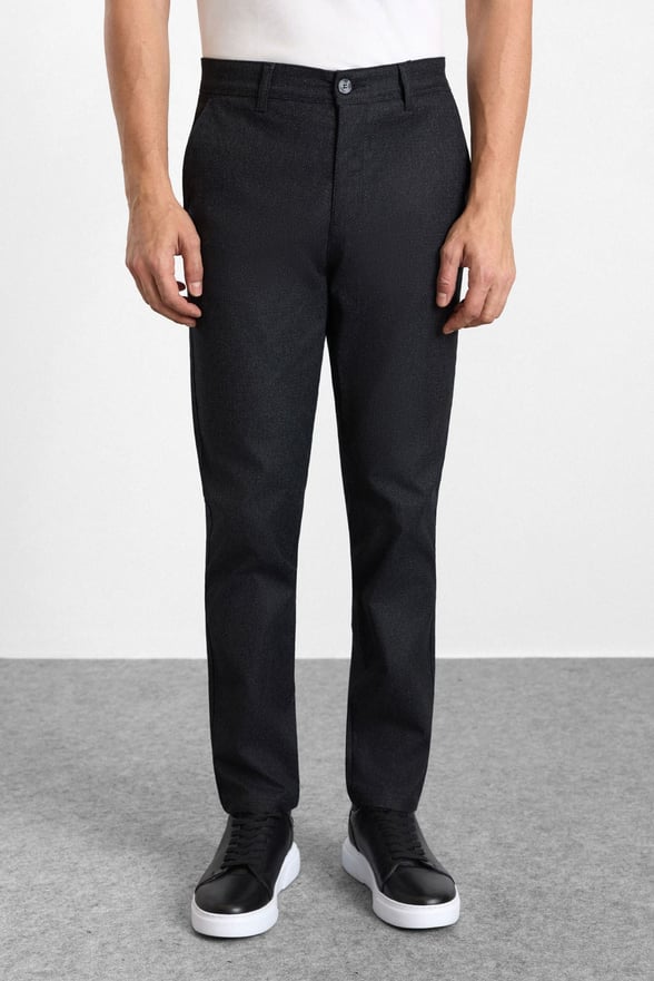 Siyah Slim Düz Armürlü Normal Bel Casual Pantolon