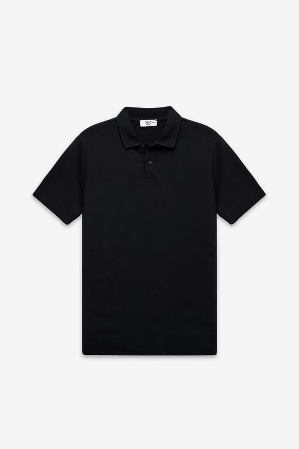 Siyah Slim Düz Baskısız Armürlü Düğmeli Polo Yaka Standart Tişört