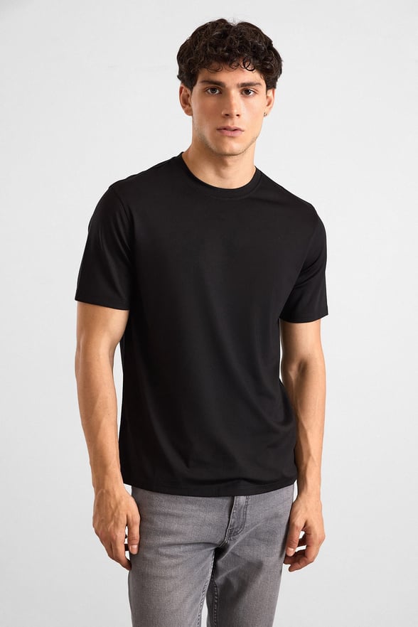 Siyah Slim Düz Baskısız Bisiklet Yaka Tişört