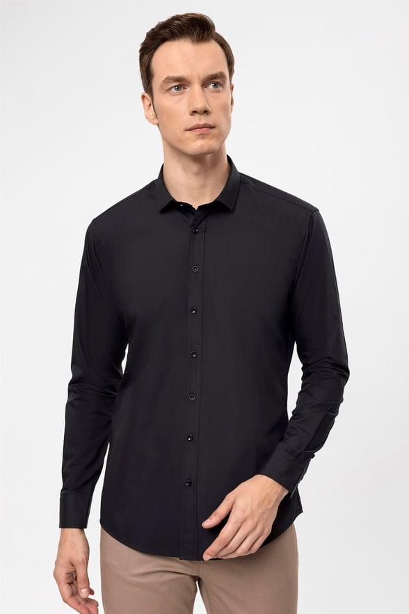 Siyah Slim Düz Klasik Yaka  Gömlek