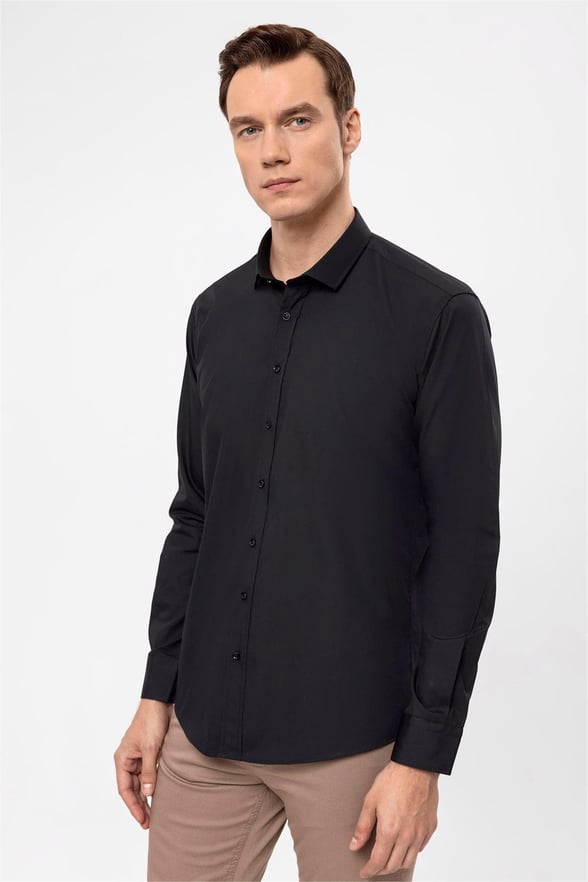 Siyah Slim Düz Klasik Yaka Gömlek