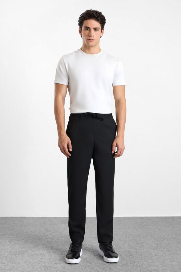Siyah Slim Düz Twill Lastikli Jogger Pantolon