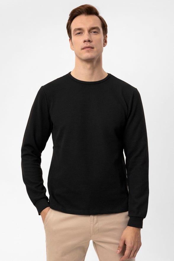 Siyah Slim Fit Armürlü Bisiklet Yaka Sweatshirt