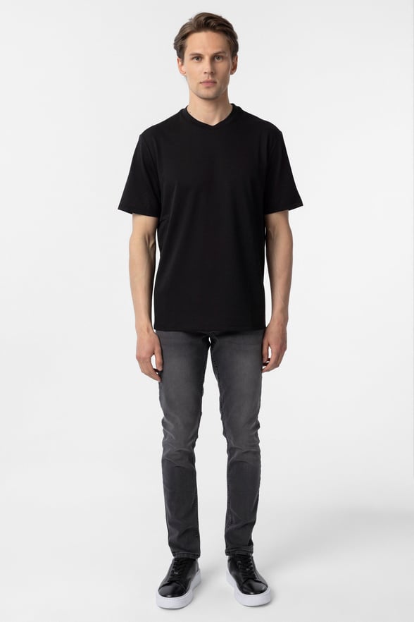 Siyah Slim Fit Armürlü Bisiklet Yaka Tişört