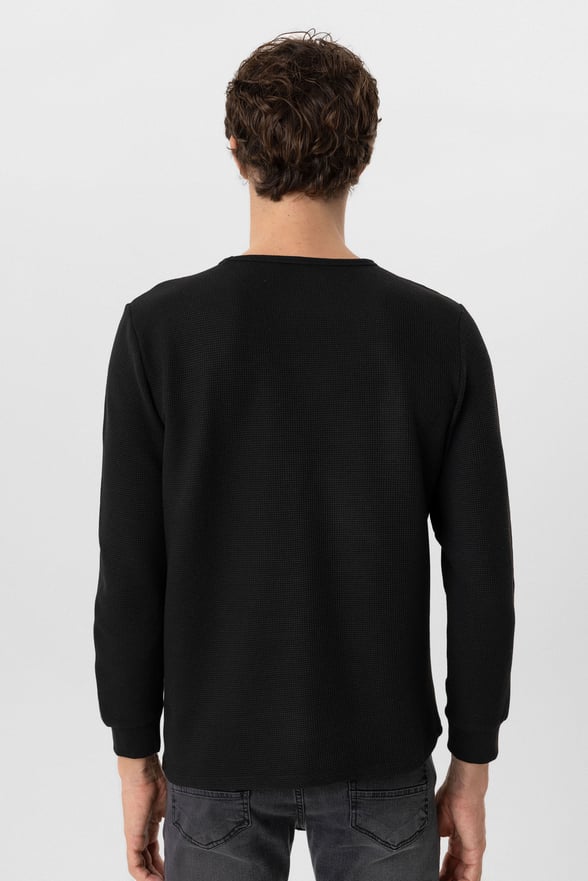 Siyah Slim Fit Armürlü Bisiklet Yaka Triko Kazak