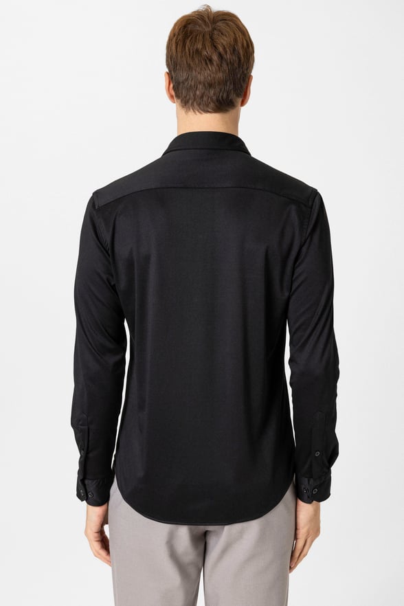 Siyah Slim Fit Armürlü Düğmeli Yaka Gömlek