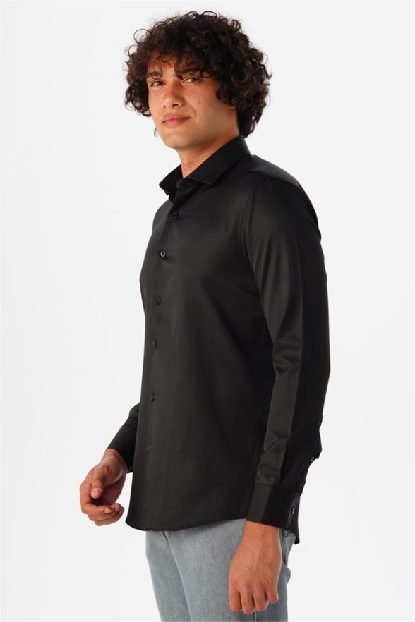 Siyah Slim Fit Armürlü Klasik Yaka Gömlek