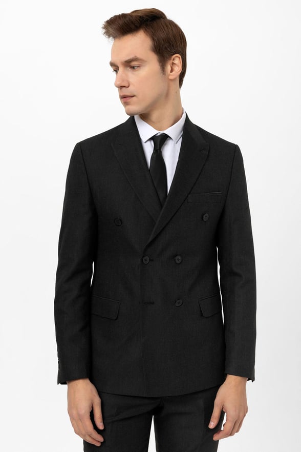 Siyah Slim Fit Armürlü Kruvaze Yaka 6 Drop Klasik Takım Elbise