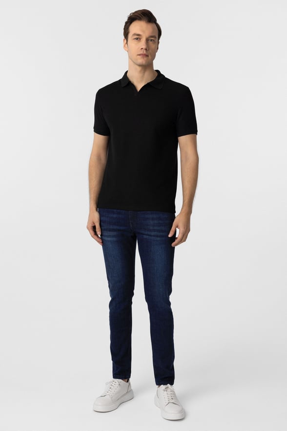 Siyah Slim Fit Armürlü Polo Yaka Tişört