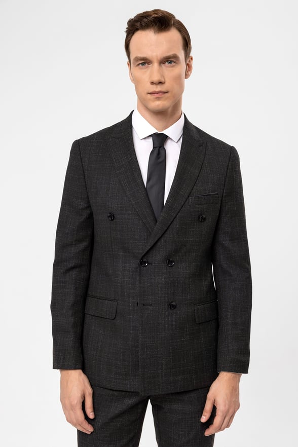 Siyah Slim Fit Armürlü Sivri Yaka 6 Drop Klasik Takım Elbise