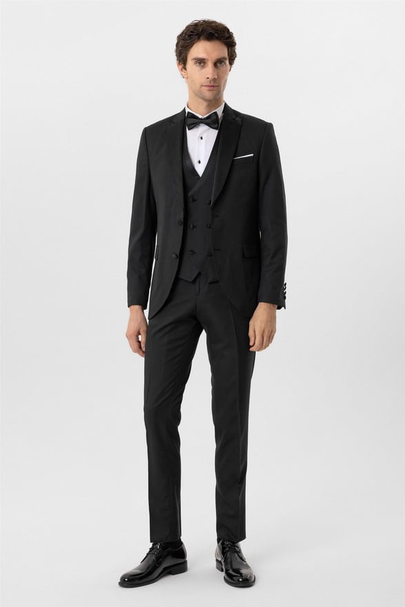 Siyah Slim Fit Armürlü Sivri Yaka 6 Drop Smokin & Damatlık