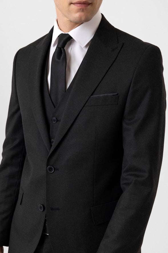 Siyah Slim Fit Armürlü Sivri Yaka 6 Drop Yelekli Klasik Takım Elbise