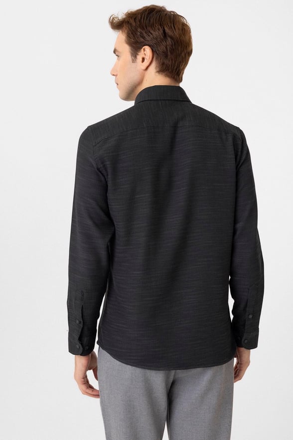 Siyah Slim Fit Desenli Düğmeli Yaka Gömlek