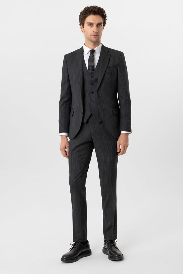 Siyah Slim Fit Desenli Mono Yaka 6 Drop Yelekli Klasik Takım Elbise