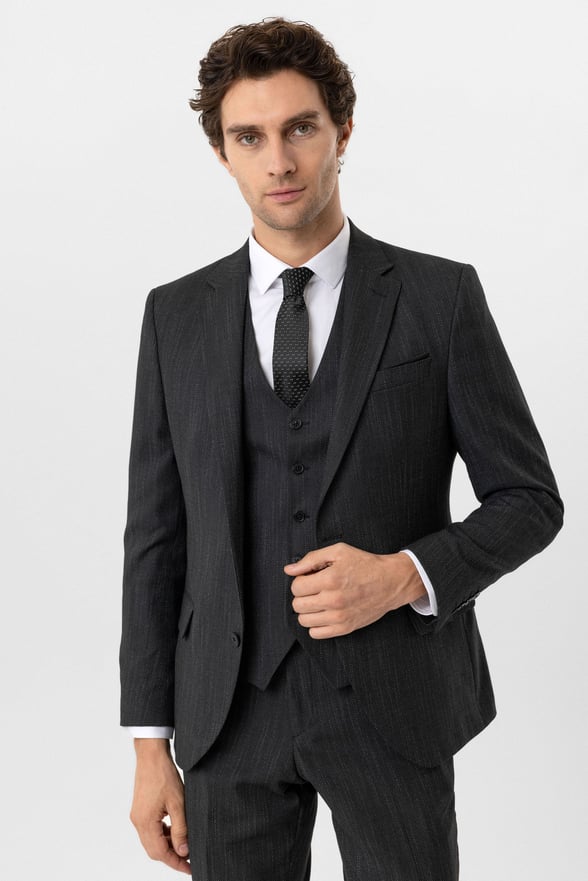Siyah Slim Fit Desenli Mono Yaka 6 Drop Yelekli Klasik Takım Elbise