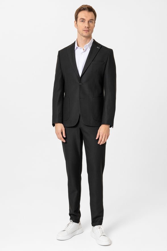 Siyah Slim Fit Desenli Sivri Yaka 6 Drop Spor Takım Elbise
