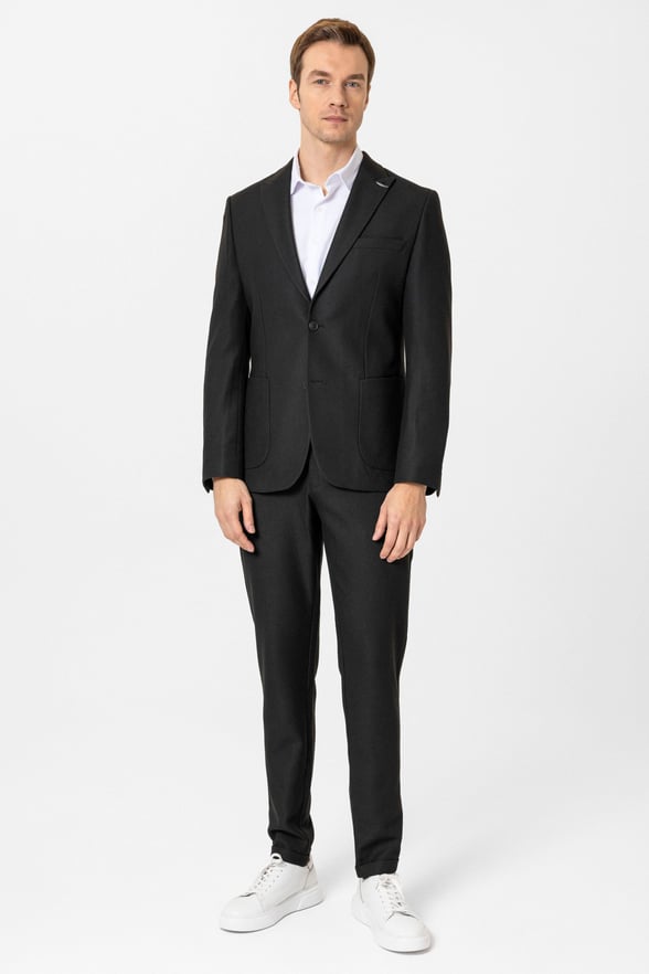 Siyah Slim Fit Desenli Sivri Yaka 6 Drop Spor Takım Elbise