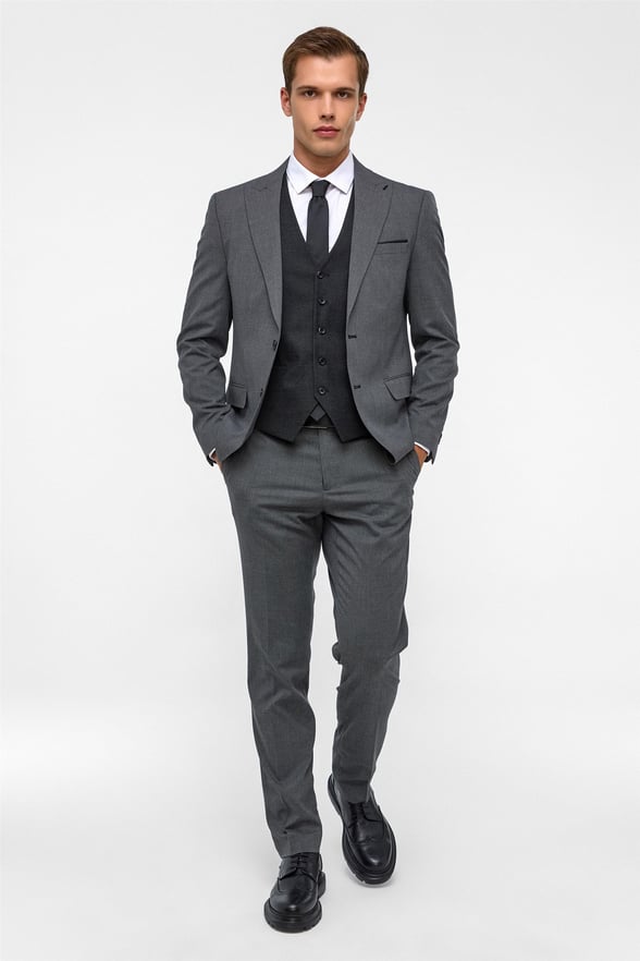 Siyah Slim Fit Desenli Sivri Yaka 6 Drop Yelekli Klasik Takım Elbise