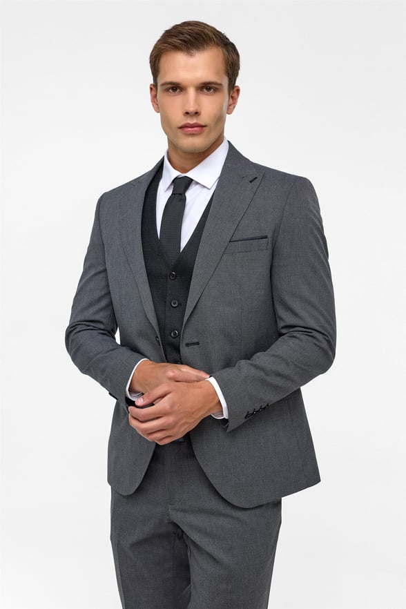 Siyah Slim Fit Desenli Sivri Yaka 6 Drop Yelekli Klasik Takım Elbise