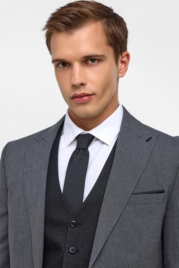 Siyah Slim Fit Desenli Sivri Yaka 6 Drop Yelekli Klasik Takım Elbise
