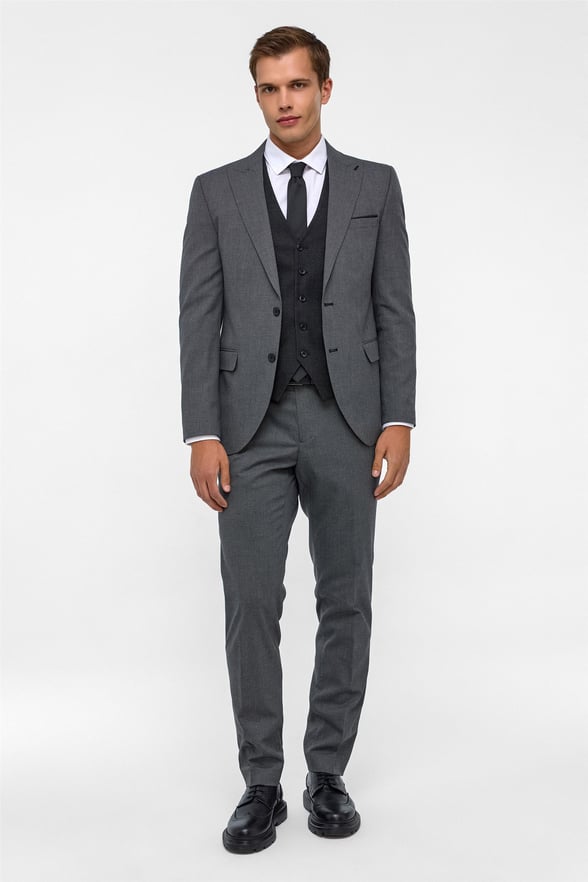Siyah Slim Fit Desenli Sivri Yaka 6 Drop Yelekli Klasik Takım Elbise