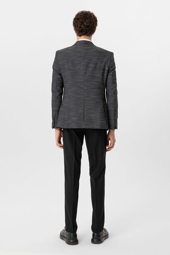 Siyah Slim Fit Desenli Sivri Yaka 6 Drop Yelekli Klasik Takım Elbise