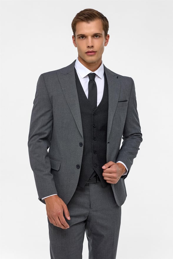 Siyah Slim Fit Desenli Sivri Yaka 6 Drop Yelekli Klasik Takım Elbise