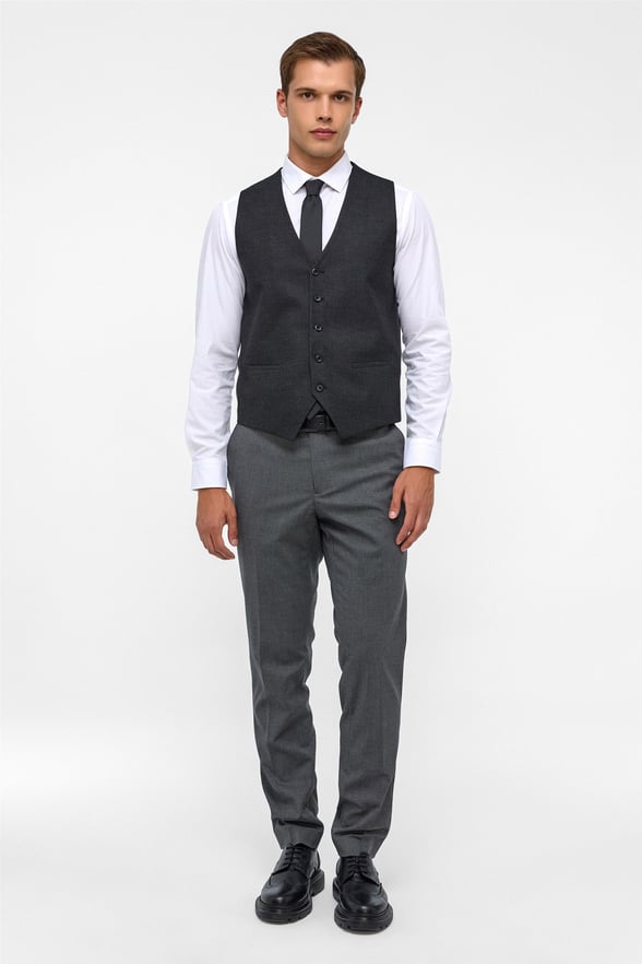 Siyah Slim Fit Desenli Sivri Yaka 6 Drop Yelekli Klasik Takım Elbise